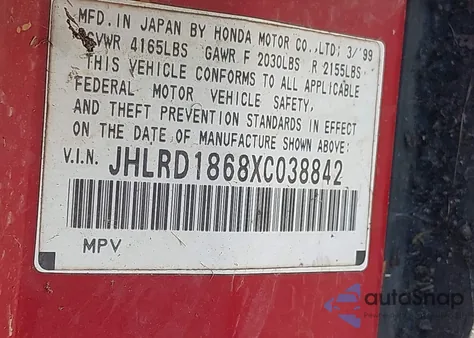 1999 Honda Cr-V Ex из США, поврежденный, VIN JHLRD1868XC038842